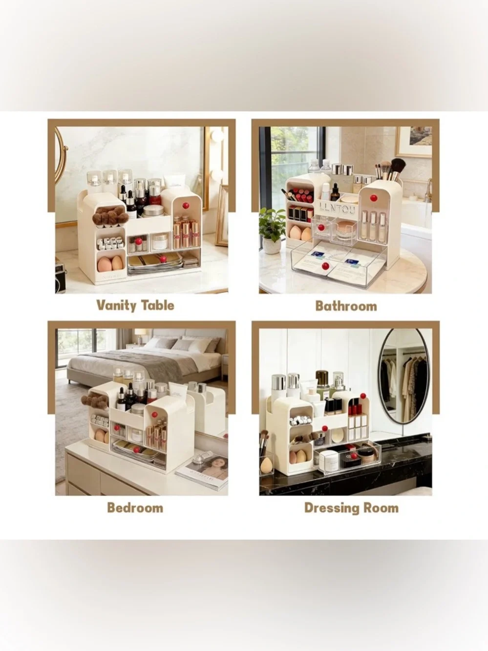 Beige Cosmetic Organizer for Countertop - Multi-Compartment Makeup Storage